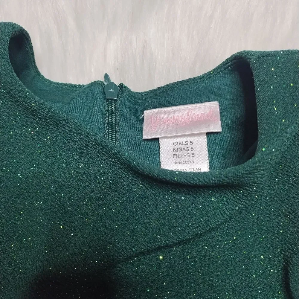 Girls Green Sparkle Lace Overlay Dress with‎ Gold Belt Size 5